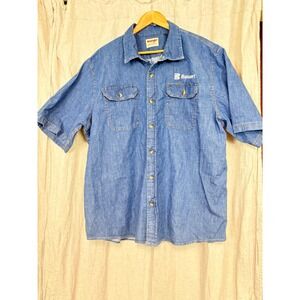 Wrangler Authentics Mens 2XL Blue Denim Short Sleeve Bekaert Logo Shirt